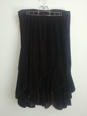Carroll Reed Large velvet midi skirt dark chocolate brown ruffle hem stretch